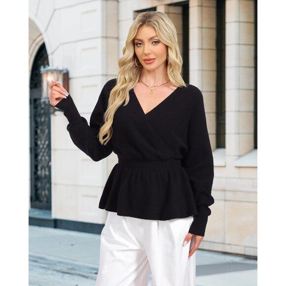 Womens Dressy Black Peplum Sweater Long Sleeve Fall Wrap V Neck Pullover Tops - Picture 5 of 6